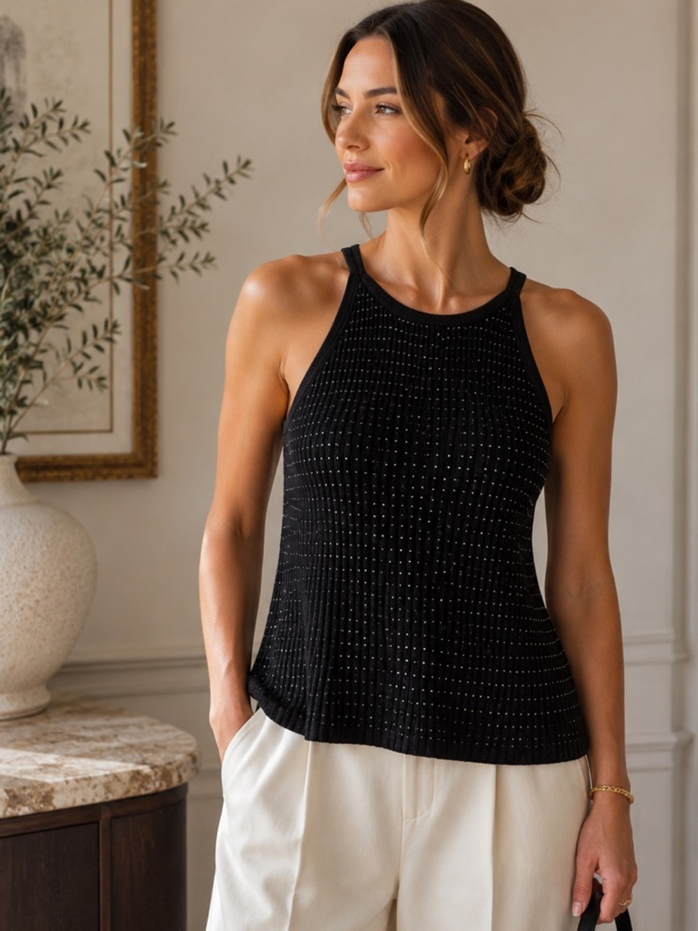 KORS Michael Kors Italian Yarn Wool Blend Beaded Ribbed Tank Sweater Black Small